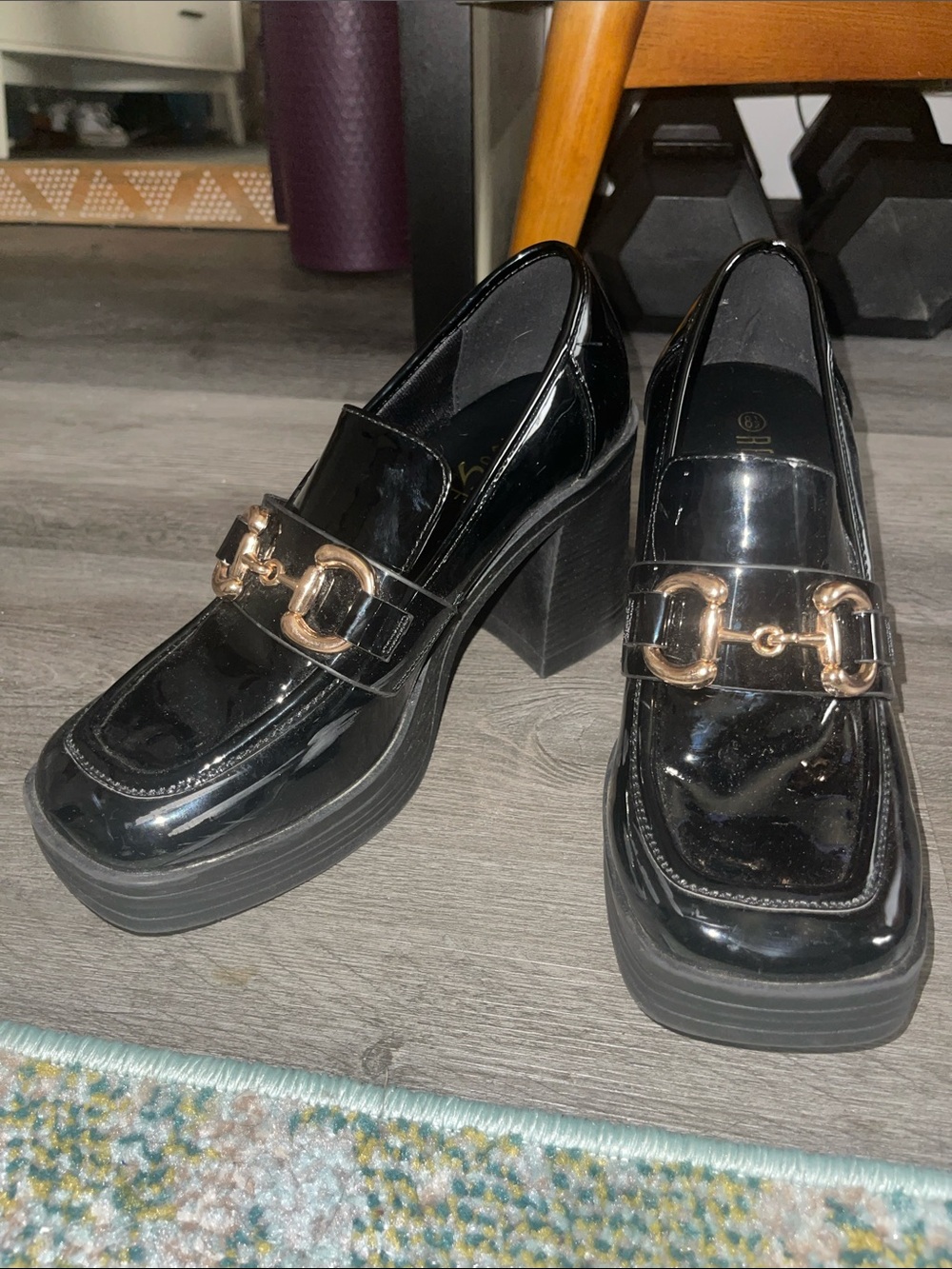 Rouge Helium Black Patent Loafers with Gold Horsebit